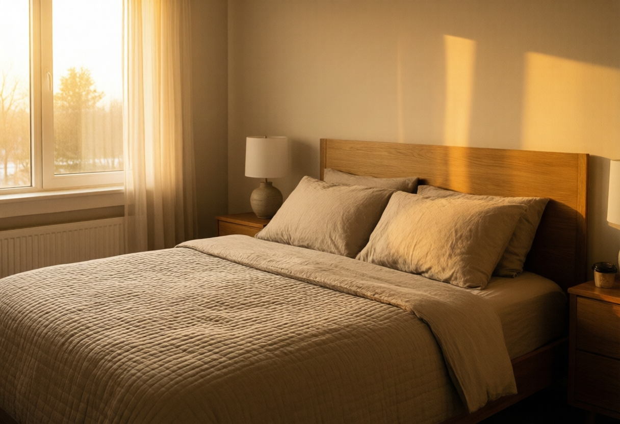 Quarto tranquilo com luz suave ao final do dia